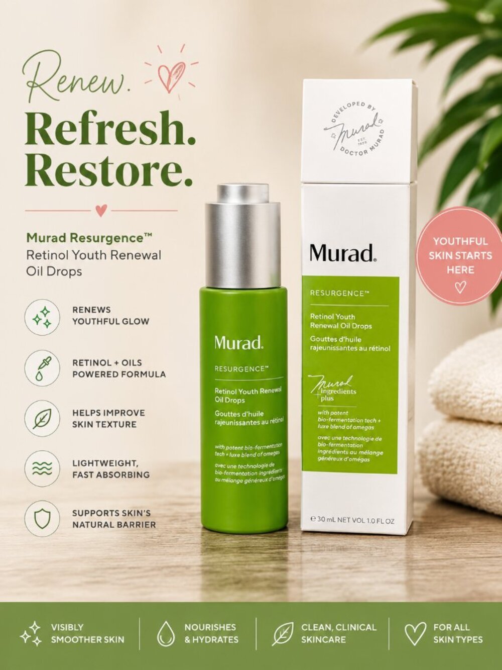Murad Resurgence Retinol Youth Renewal Oil Drops 1.0 oz Anti-Aging Face Serum